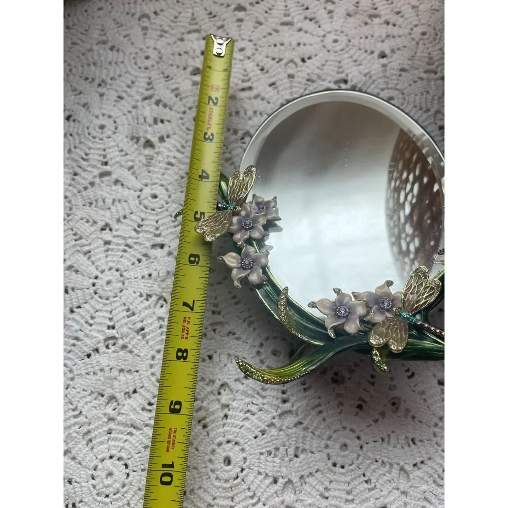 Vtg MCM Dragonfly Mirror Enamel Rhinestone Floral Jewelry Table Top Vanity Decor